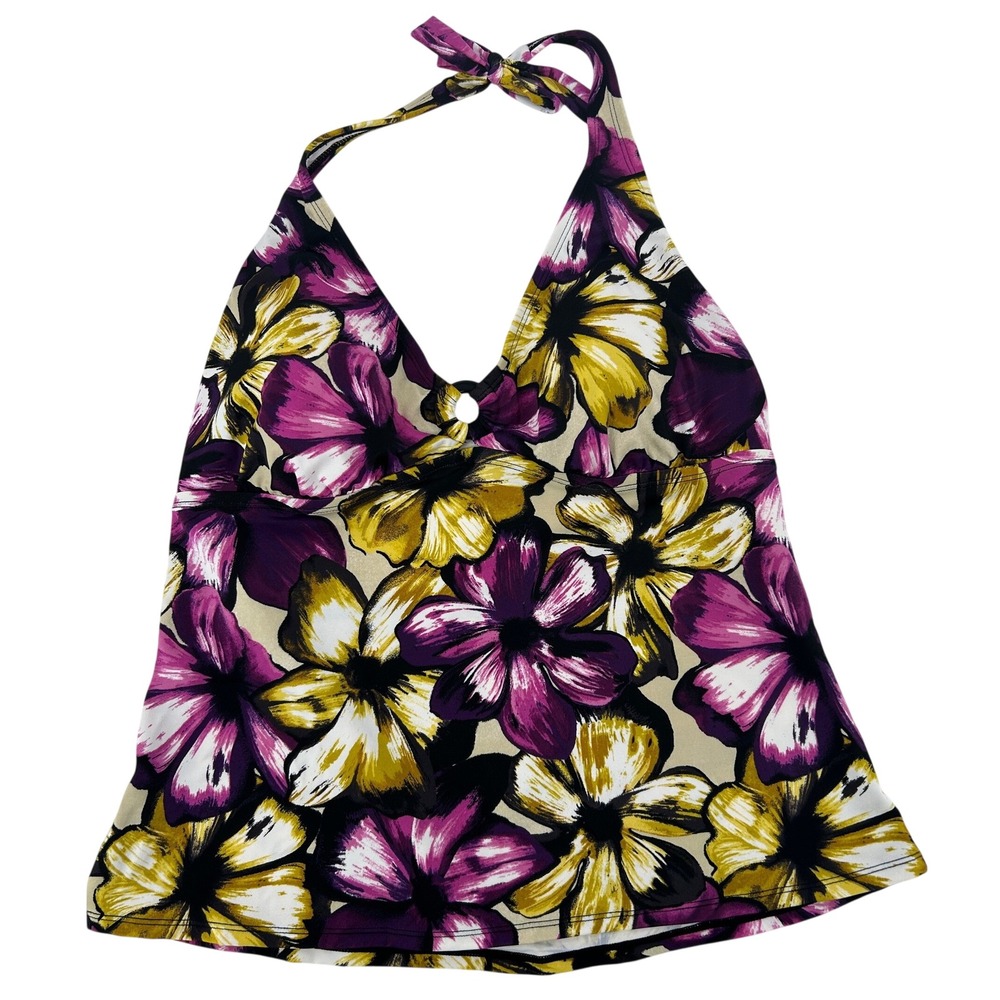 Jantzen Classics Floral Halter Tankini Top Purple Yellow Tropical Print Size 18